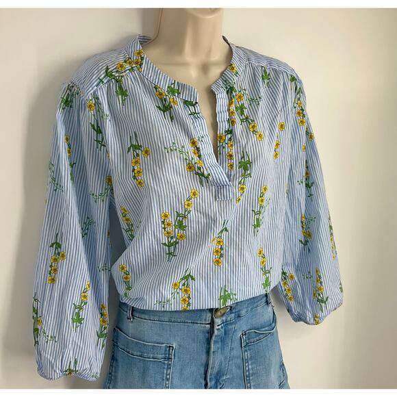 NAUTICA Jeans Floral Blue Stripes Top Blouse Large 3/4 Sleeve Office Preppy - Picture 1 of 13